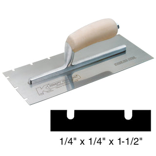 Kraft Tool PL623 12" x 5" Stainless Steel EIFS 1/4" x 1/4" x 1-1/2" Notch Trowel with Wood Handle