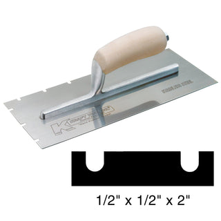 Kraft Tool PL625 12" x 5" Stainless Steel EIFS 1/2" x 1/2" x 2" Notch Trowel with Wood Handle