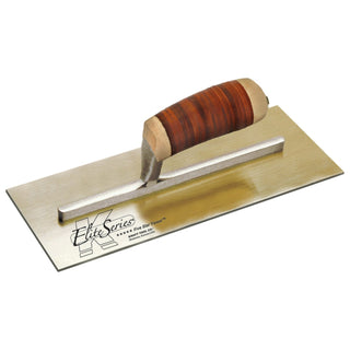 Kraft Tool PLE461L Elite Series Five Star 13"x5" Golden Stainless Steel Plaster Trowel with Leather Handle on a Short Shank