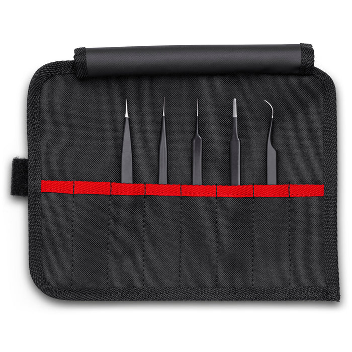 Knipex 92 00 01 ESD 5 Pc Stainless Steel Tweezers Set in Tool Roll-ESD