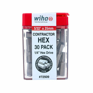 Wiha Tools 72509 5/32" x 25mm Hex Contractor Insert Bit, 30 Pack