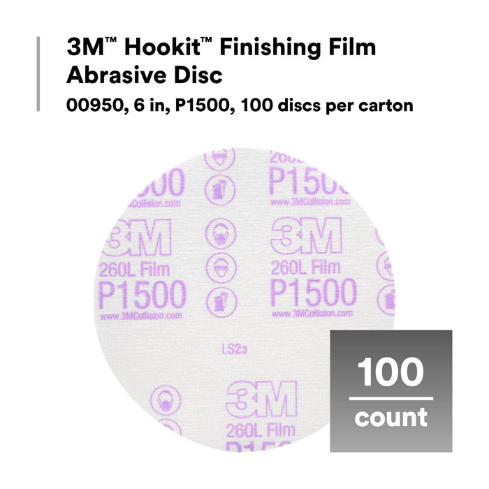 3M Hookit Finishing Film Abrasive Disc 260L, 00950, 6 in, P1500