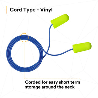 3M E-A-Rsoft Yellow Neons Earplugs 311-1250, Corded, Poly Bag,Regular Size