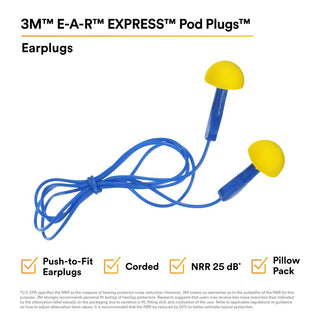 3M E-A-R EXPRESS Pod Plugs Earplugs 311-1114, Corded, Blue Grips,Pillow Pack