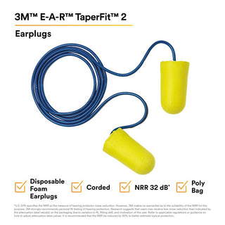 3M E-A-R TaperFit 2 Earplugs 312-1224, Corded, Large Size