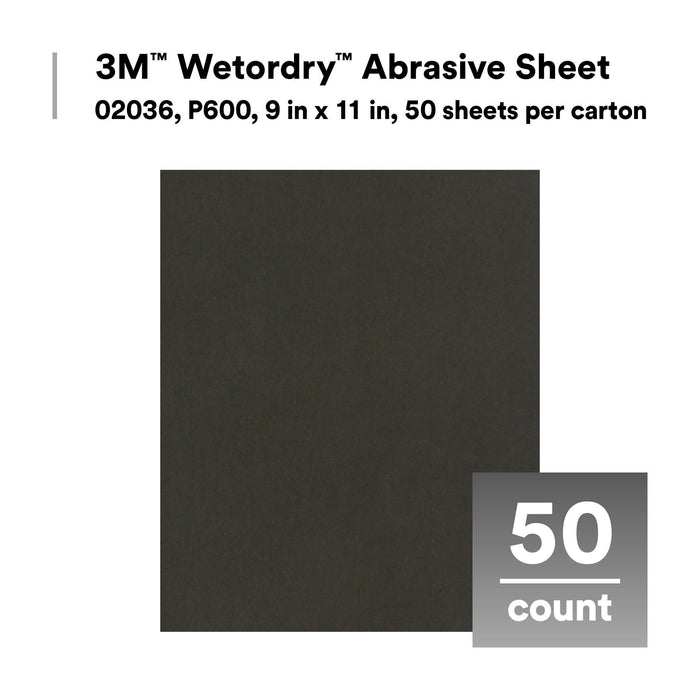 3M Wetordry Abrasive Sheet 213Q, 02036, P600, 9 in x 11 in, 50 sheetsper carton