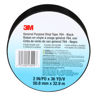 3M General Purpose Vinyl Tape 764, Black, 2 in x 36 yd, 5 mil, 24 Roll/Case