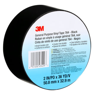 3M General Purpose Vinyl Tape 764, Black, 2 in x 36 yd, 5 mil, 24 Roll/Case