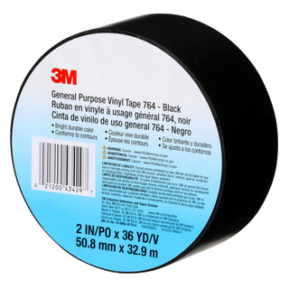 3M General Purpose Vinyl Tape 764, Black, 2 in x 36 yd, 5 mil, 24 Roll/Case