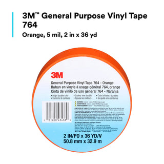 3M General Purpose Vinyl Tape 764, Orange, 2 in x 36 yd, 5 mil, 24 Roll/Case