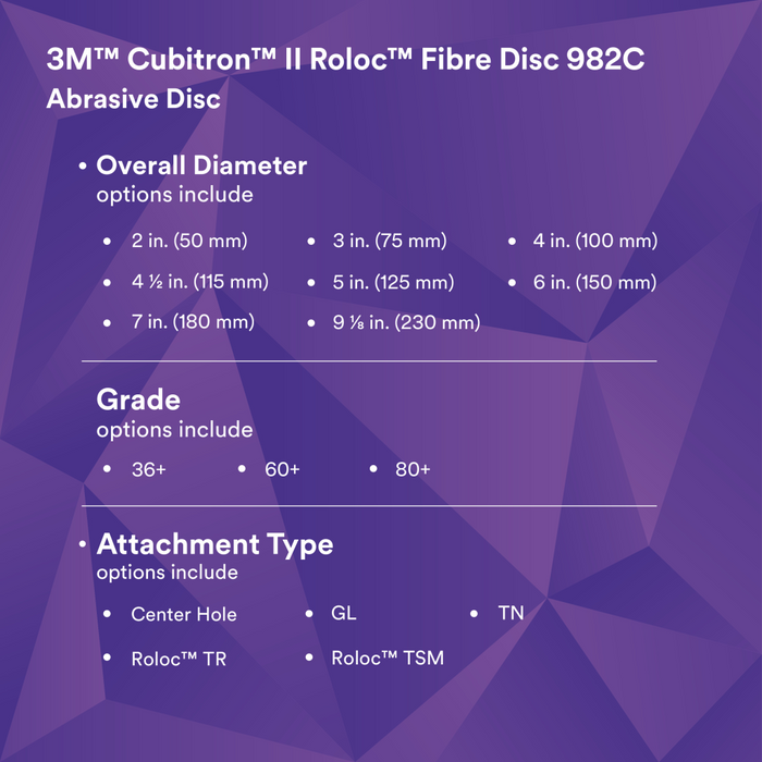 3M Cubitron II Roloc Fibre Disc 982C, 60+, TR, Red, 3 in, Die R300V,
50/Carton