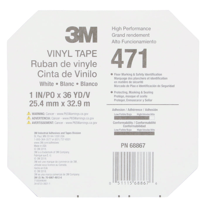 3M Vinyl Tape 471, White, 1 in x 36 yd, 5.2 mil