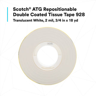 Scotch® ATG Repositionable Double Coated Tissue Tape 928, TranslucentWhite