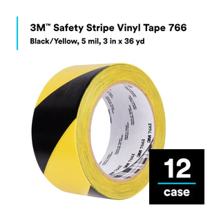 3M Safety Stripe Vinyl Tape 766, Black/Yellow, 3 in x 36 yd, 5 mil, 12 Roll/Case