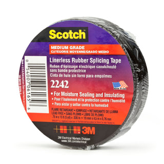 3M Linerless Electrical Rubber Tape 2242, 3/4 in x 15 ft, 1 in core,Black