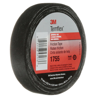 3M Temflex Cotton Friction Tape 1755, 3/4 in x 60 ft, Black