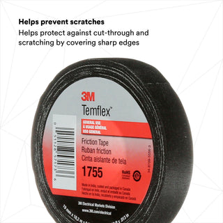 3M Temflex Cotton Friction Tape 1755, 3/4 in x 60 ft, Black