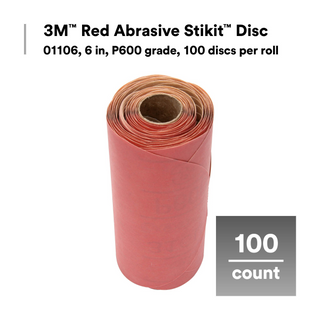 3M Red Abrasive Stikit Disc, 01106, 6 in, P600 grade, 100 discs per
roll