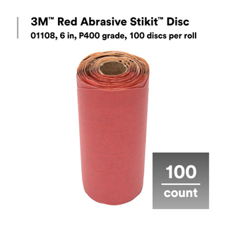 3M Red Abrasive Stikit Disc, 01108, 6 in, P400 grade, 100 discs per
roll