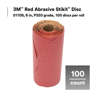 3M Red Abrasive Stikit Disc, 01109, 6 in, P320 grade, 100 discs perroll