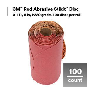 3M Red Abrasive Stikit Disc, 01111, 6 in, P220 grade, 100 discs perroll