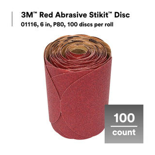 3M Red Abrasive Stikit Disc, 01116, 6 in, P80, 100 discs per roll