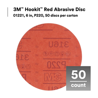 3M Hookit Red Abrasive Disc, 01221, 6 in, P220, 50 discs per carton