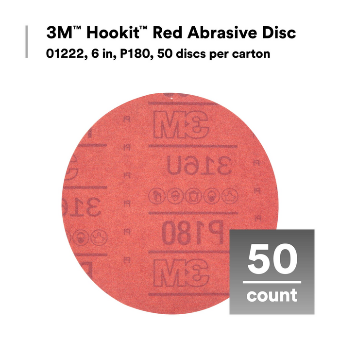 3M Hookit Red Abrasive Disc, 01222, 6 in, P180, 50 discs per carton