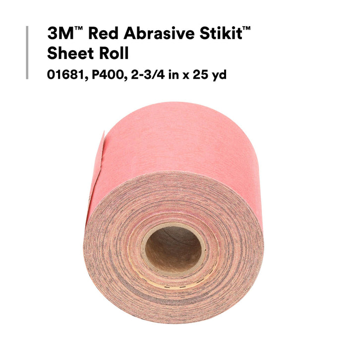 3M Red Abrasive Stikit Sheet Roll, 01681, P400, 2-3/4 in x 25 yd