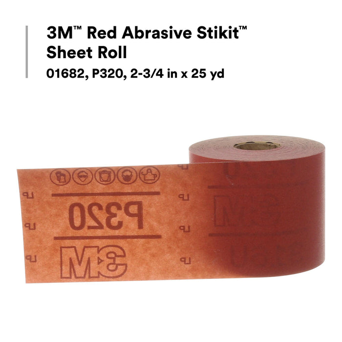 3M Red Abrasive Stikit Sheet Roll, 01682, P320, 2-3/4 in x 25 yd