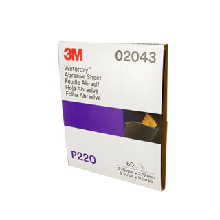 3M Wetordry Abrasive Sheet, 02043, P220, 9 in x 11 in, 50 sheets percarton