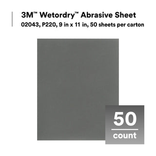 3M Wetordry Abrasive Sheet, 02043, P220, 9 in x 11 in, 50 sheets percarton