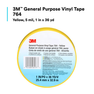 3M General Purpose Vinyl Tape 764, Yellow, 1 in x 36 yd, 5 mil, 36 Roll/Case