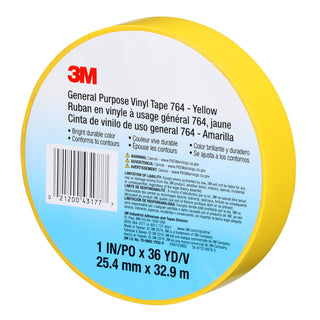 3M General Purpose Vinyl Tape 764, Yellow, 1 in x 36 yd, 5 mil, 36 Roll/Case