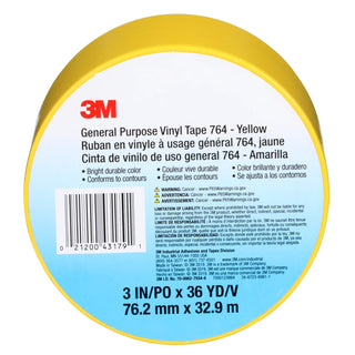 3M General Purpose Vinyl Tape 764, Yellow, 3 in x 36 yd, 5 mil, 12 Roll/Case