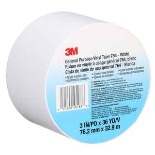 3M General Purpose Vinyl Tape 764, White, 3 in x 36 yd, 5 mil, 12 Roll/Case