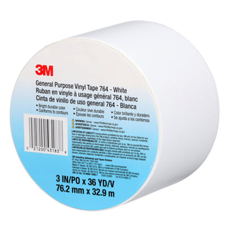 3M General Purpose Vinyl Tape 764, White, 3 in x 36 yd, 5 mil, 12 Roll/Case