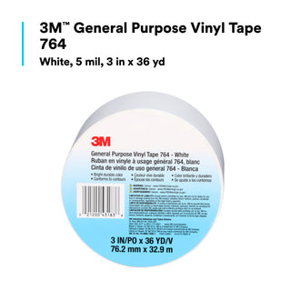 3M General Purpose Vinyl Tape 764, White, 3 in x 36 yd, 5 mil, 12 Roll/Case