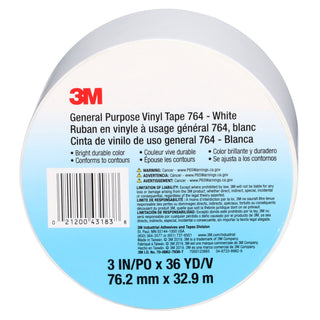 3M General Purpose Vinyl Tape 764, White, 3 in x 36 yd, 5 mil, 12 Roll/Case