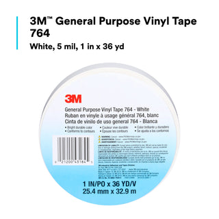 3M General Purpose Vinyl Tape 764, White, 1 in x 36 yd, 5 mil, 36 Roll/Case