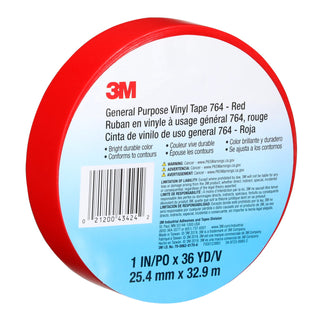 3M General Purpose Vinyl Tape 764, Red, 1 in x 36 yd, 5 mil, 36 Roll/Case