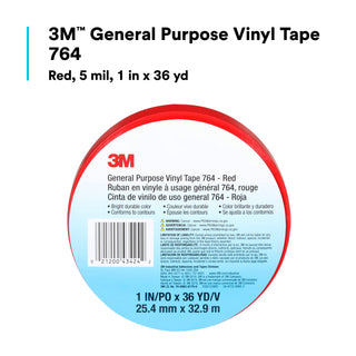 3M General Purpose Vinyl Tape 764, Red, 1 in x 36 yd, 5 mil, 36 Roll/Case