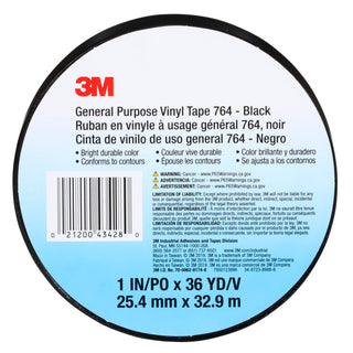 3M General Purpose Vinyl Tape 764, Black, 1 in x 36 yd, 5 mil, 36 Roll/Case