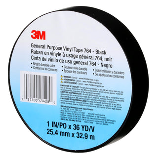 3M General Purpose Vinyl Tape 764, Black, 1 in x 36 yd, 5 mil, 36 Roll/Case