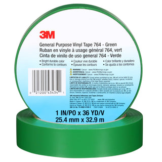 3M General Purpose Vinyl Tape 764, Green, 1 in x 36 yd, 5 mil, 36 Roll/Case