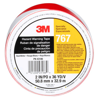 3M Safety Stripe Vinyl Tape 767, Red/White, 2 in x 36 yd, 5 mil, 24Roll/Case