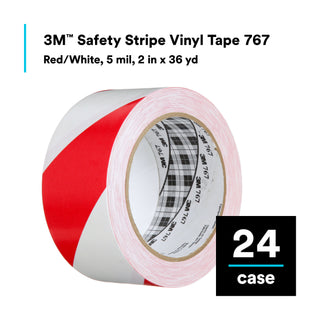 3M Safety Stripe Vinyl Tape 767, Red/White, 2 in x 36 yd, 5 mil, 24Roll/Case