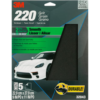 3M Wetordry Sandpaper, 32043, 9 in x 11 in, 220 grit, 5 per pack