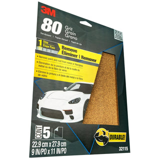 3M Sandpaper, 32115, 80 Grit, 9 in x 11 in, 5 per pack, 20 packs per
case