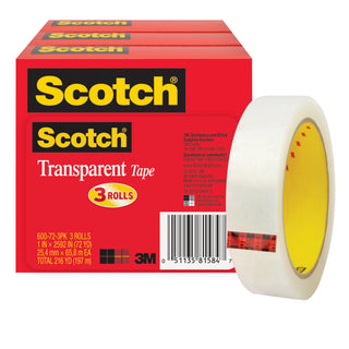 Scotch® Transparent Tape 600-72-3PK, 1 in x 2592 in (25,4 mm x 65,8) 3PK